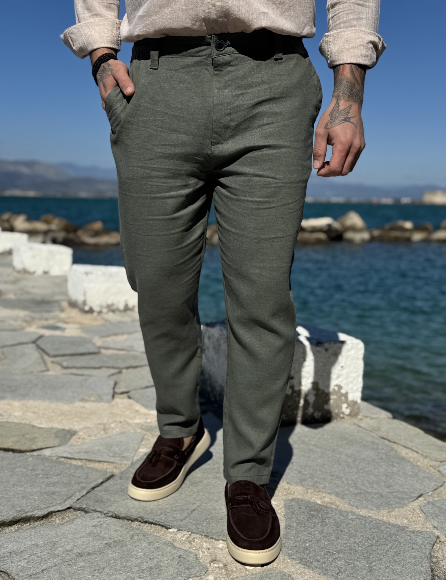 Ανδρικό λαδί λινό υφασμάτινο παντελόνι με λάστιχο στην μέση JR0022 φωτογραφία